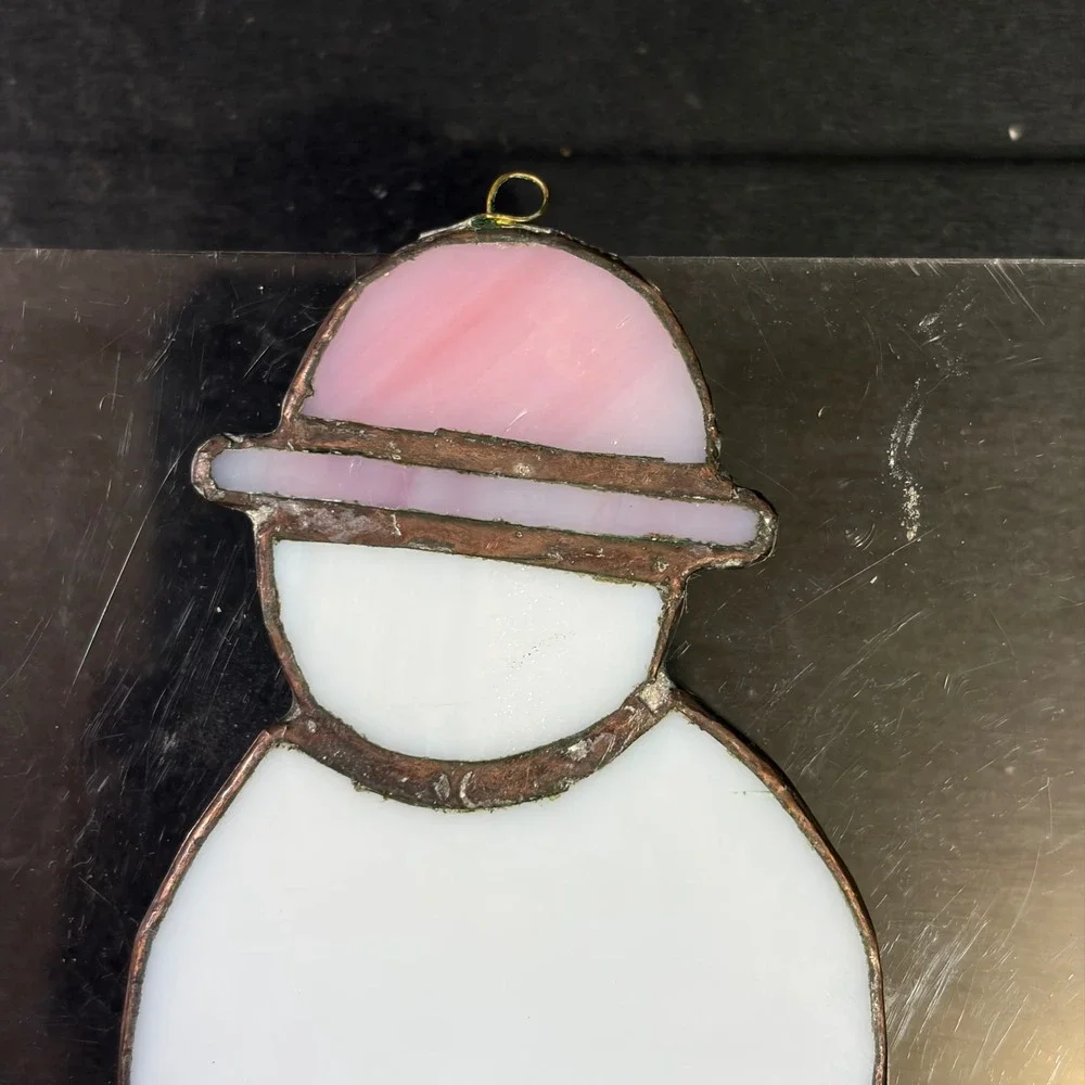 Vintage Stained Glass Snowman Ornament Pink Slag Glass Hat Suncatcher 4 Inch